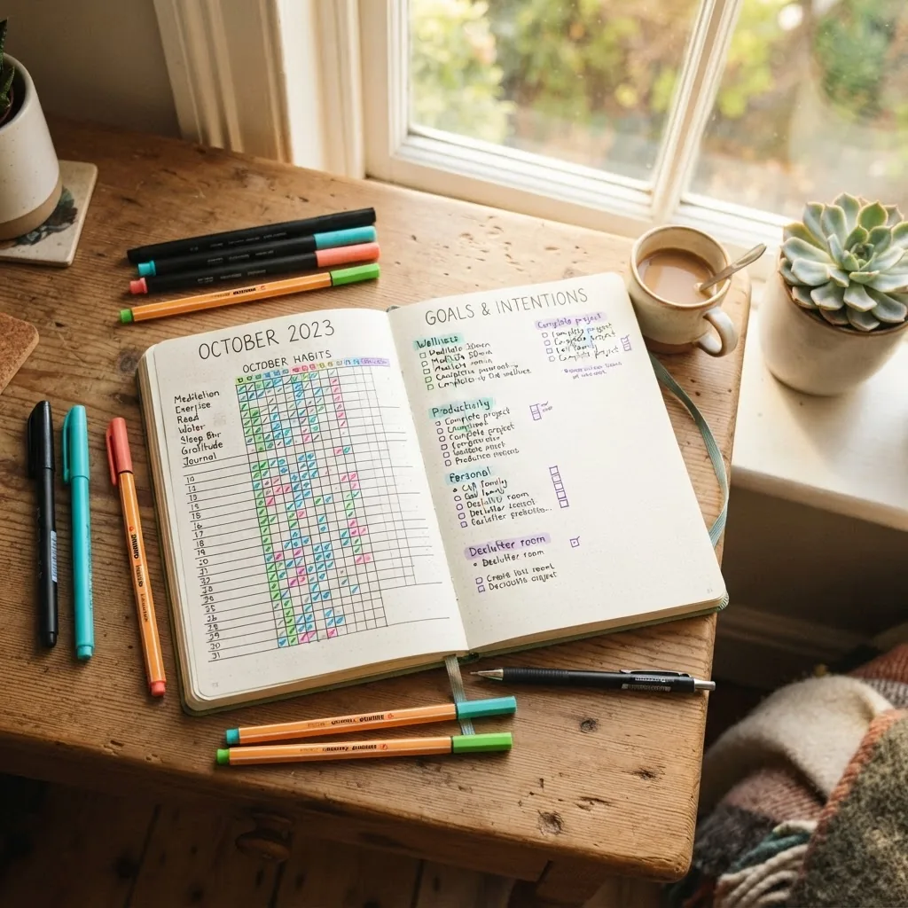 Close-up of a desktop habit tracker journal or bullet journal with colorful pens, sunlight streaming through a window, cozy home setting,
