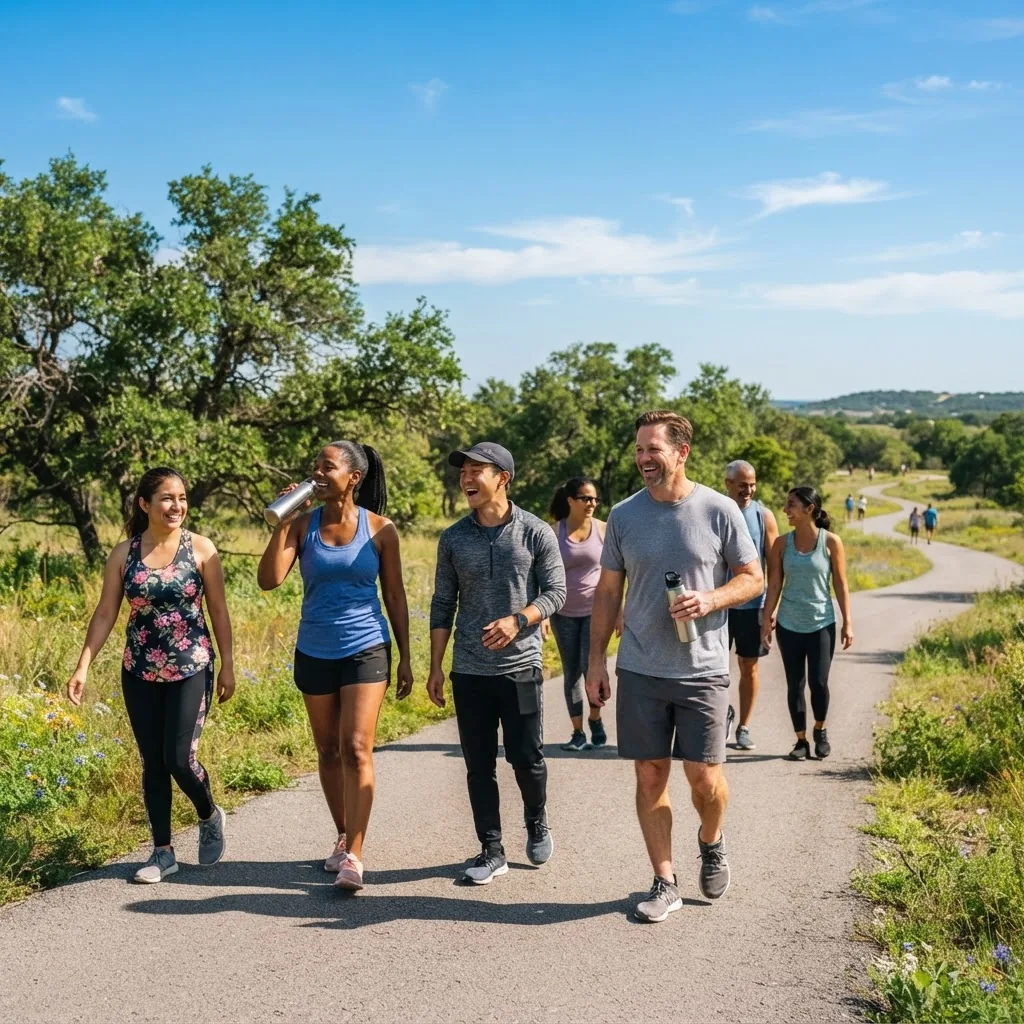 A diverse group of adults happily engaging in different healthy activities outdoors in Texas, sunny day with clear blue sky, natural light,