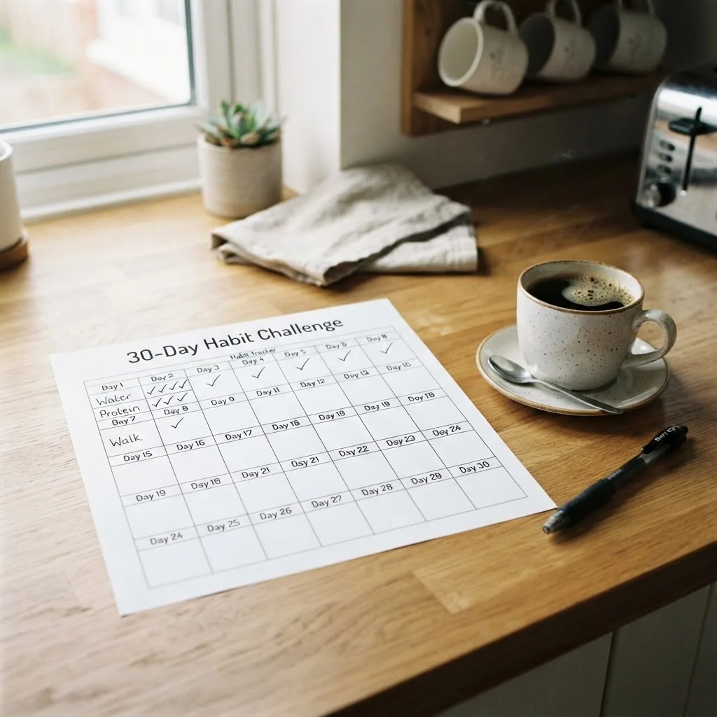 a printed 30-day habit calendar on a kitchen counter next to a pen and a cup of coffee, with visible checkmarks and clear handwriting