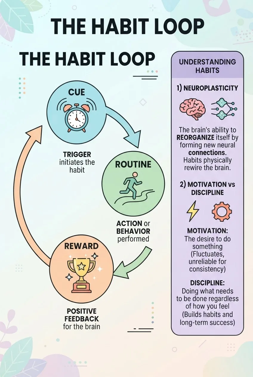 An infographic illustrating the habit loop: three connected circles labeled Cue, Routine, Reward; each circle contains an icon (alarm