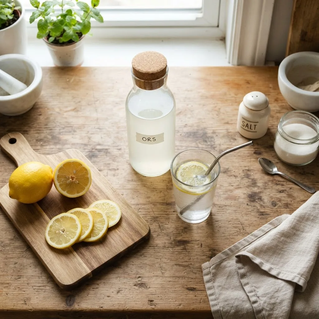 A kitchen counter scene with a bottle of homemade oral rehydration solution, fresh sliced lemon, salt shaker, and a glass of clear water,