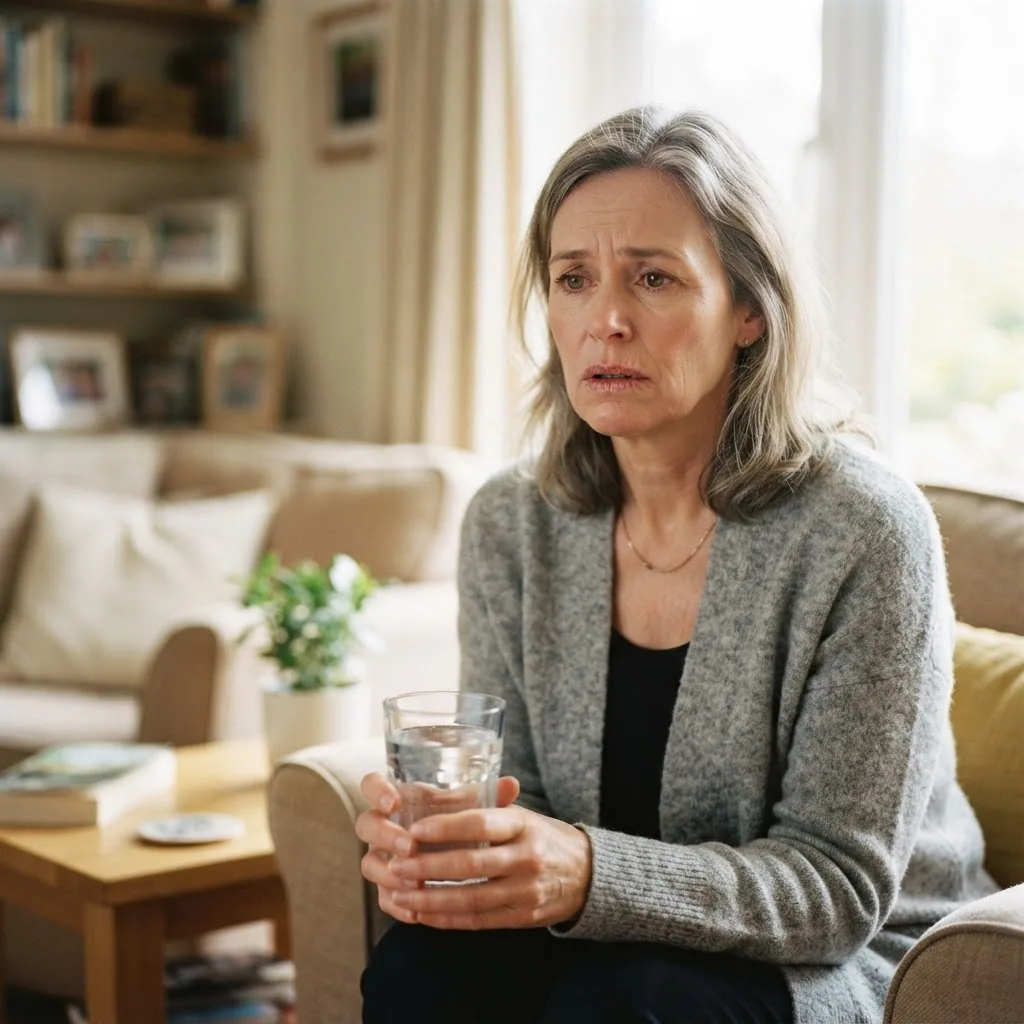 Close-up image of a concerned middle-aged woman holding a glass of water, sitting in a bright home setting, showing mild discomfort, with