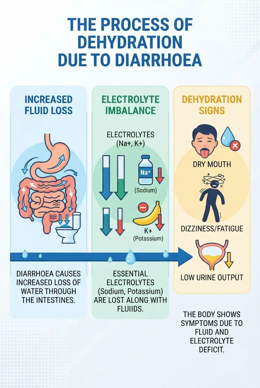 A simple three-part infographic illustrating the process: 1) Diarrhoea causing increased fluid loss in intestines with icon of digestive