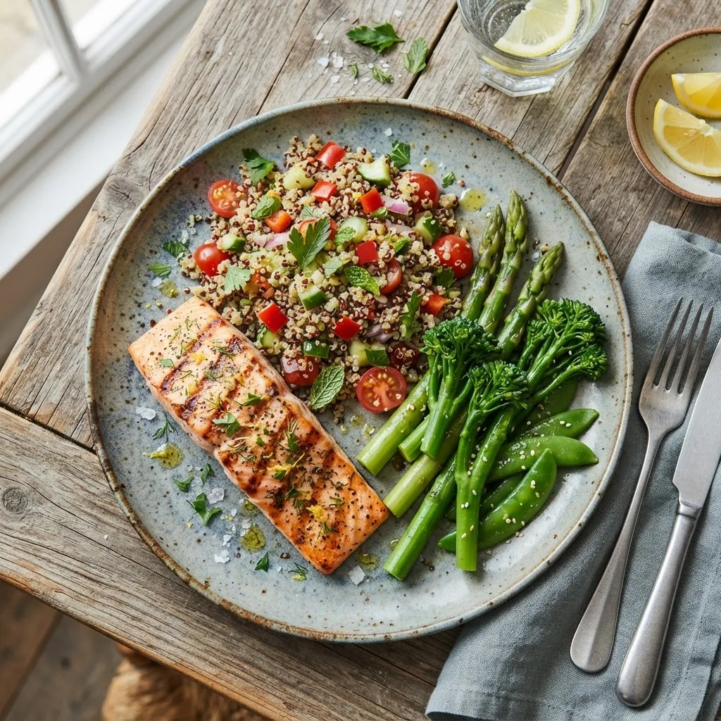 close-up of a balanced meal plate featuring grilled salmon, a quinoa salad with colorful vegetables, and steamed greens on a rustic wooden