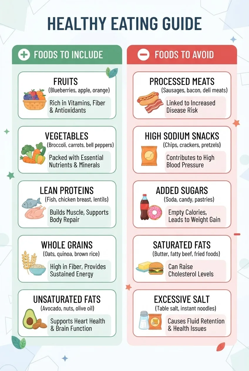 has two main columns titled “Foods to Include” (e.g., fruits, vegetables, lean proteins, whole grains, unsaturated fats) and “Foods to