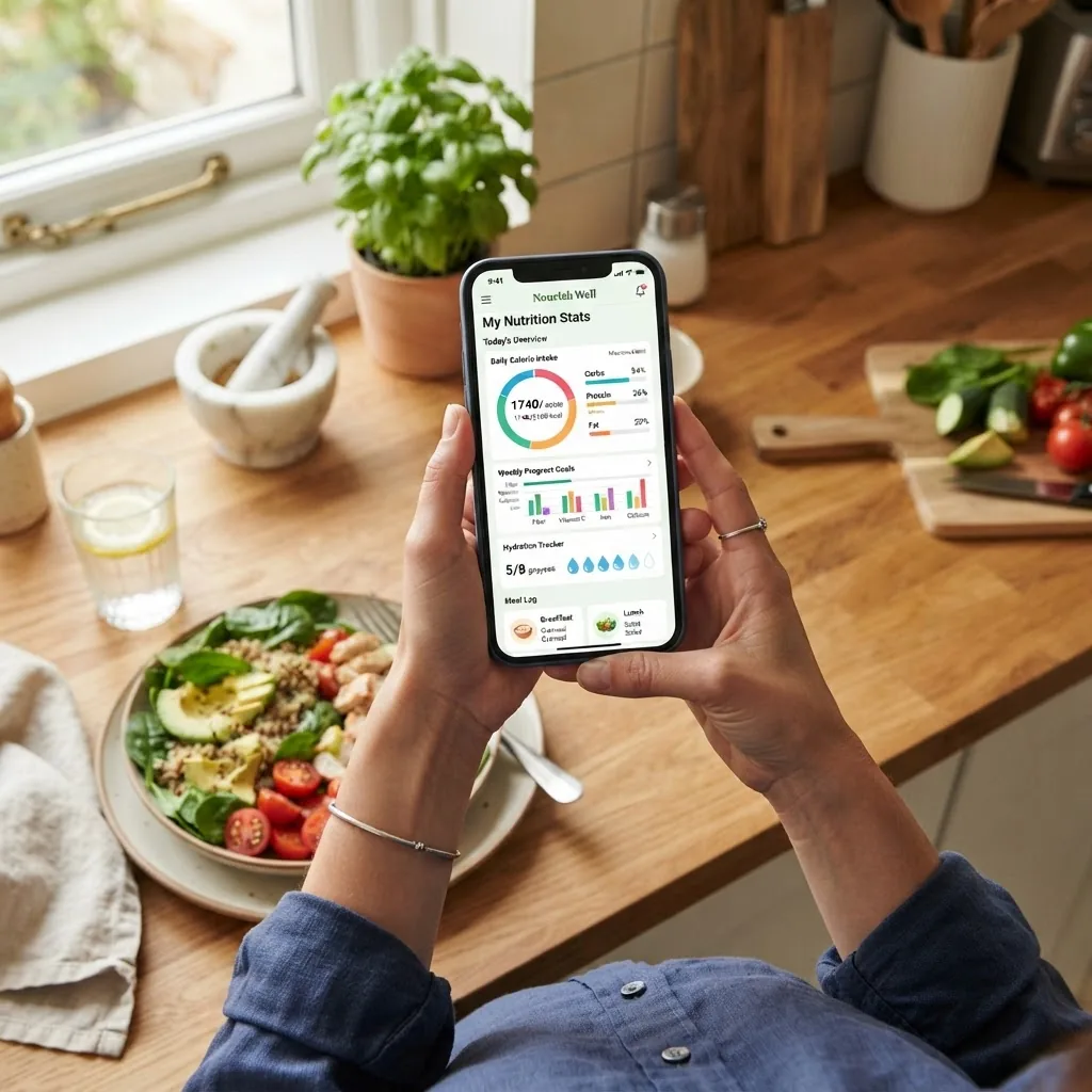 a person holding a smartphone displaying a healthy eating statistics dashboard with charts and graphs, casual home kitchen background, soft