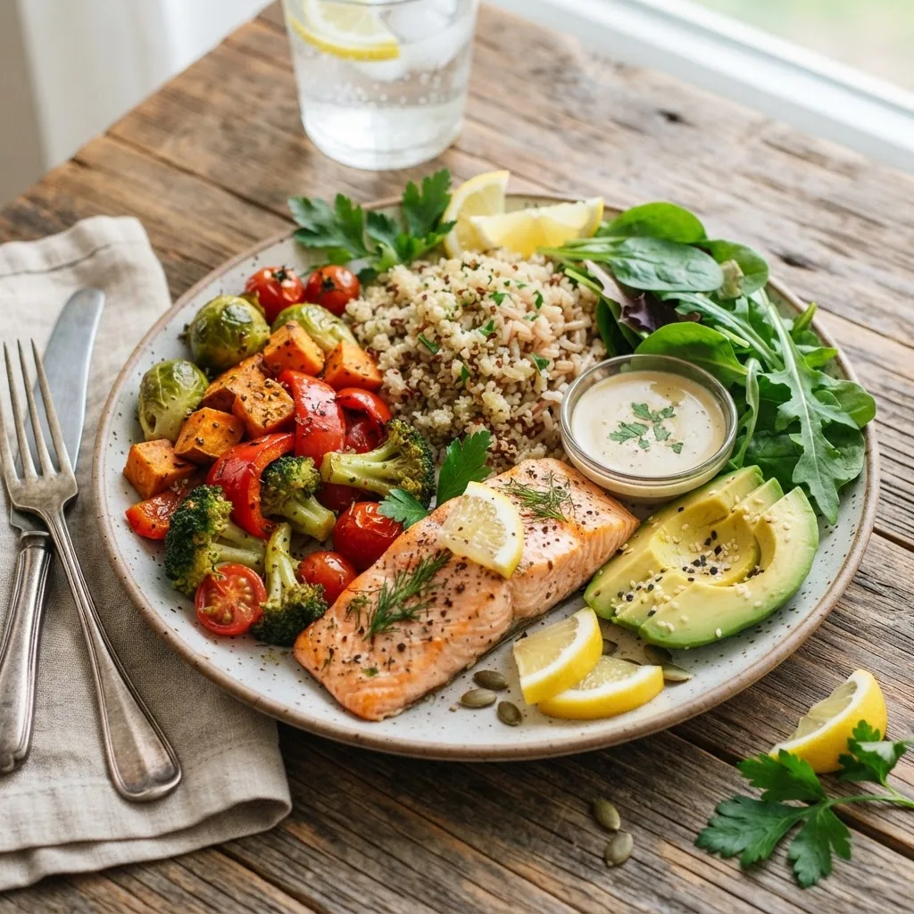 a colorful balanced plate featuring vegetables, whole grains, lean protein, and healthy fats arranged attractively on a rustic wooden