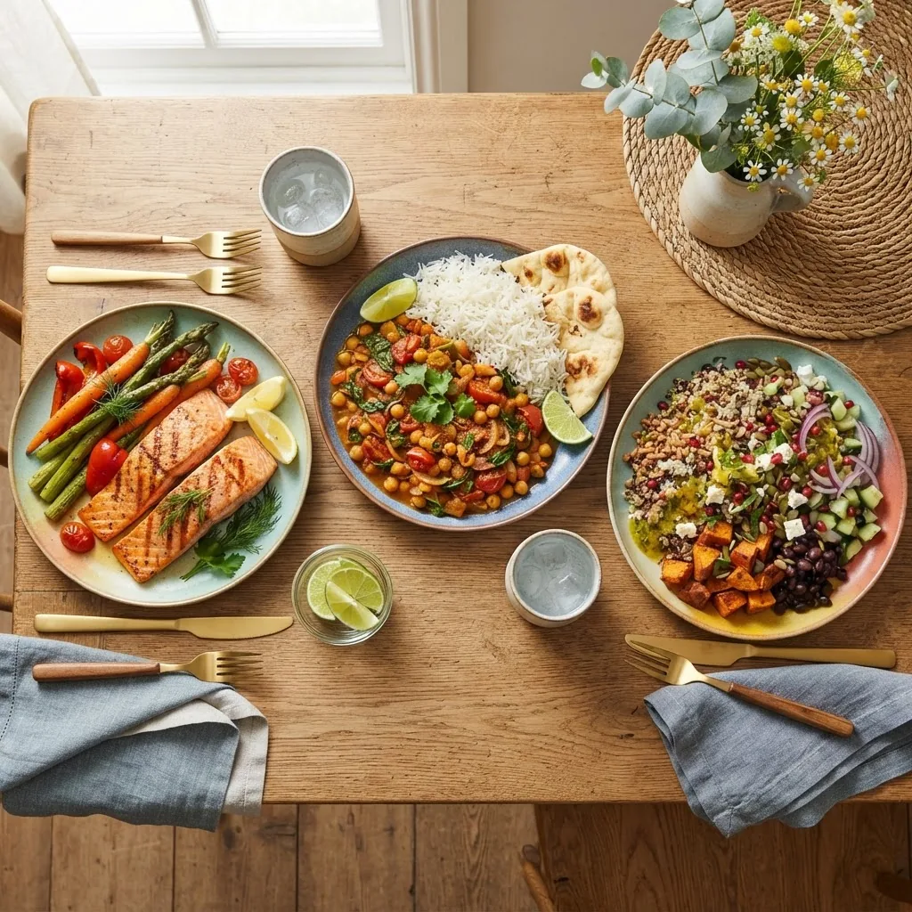 Overhead shot of three dinner plates for two people showcasing variety: one with grilled salmon and vegetables, one with vibrant chickpea