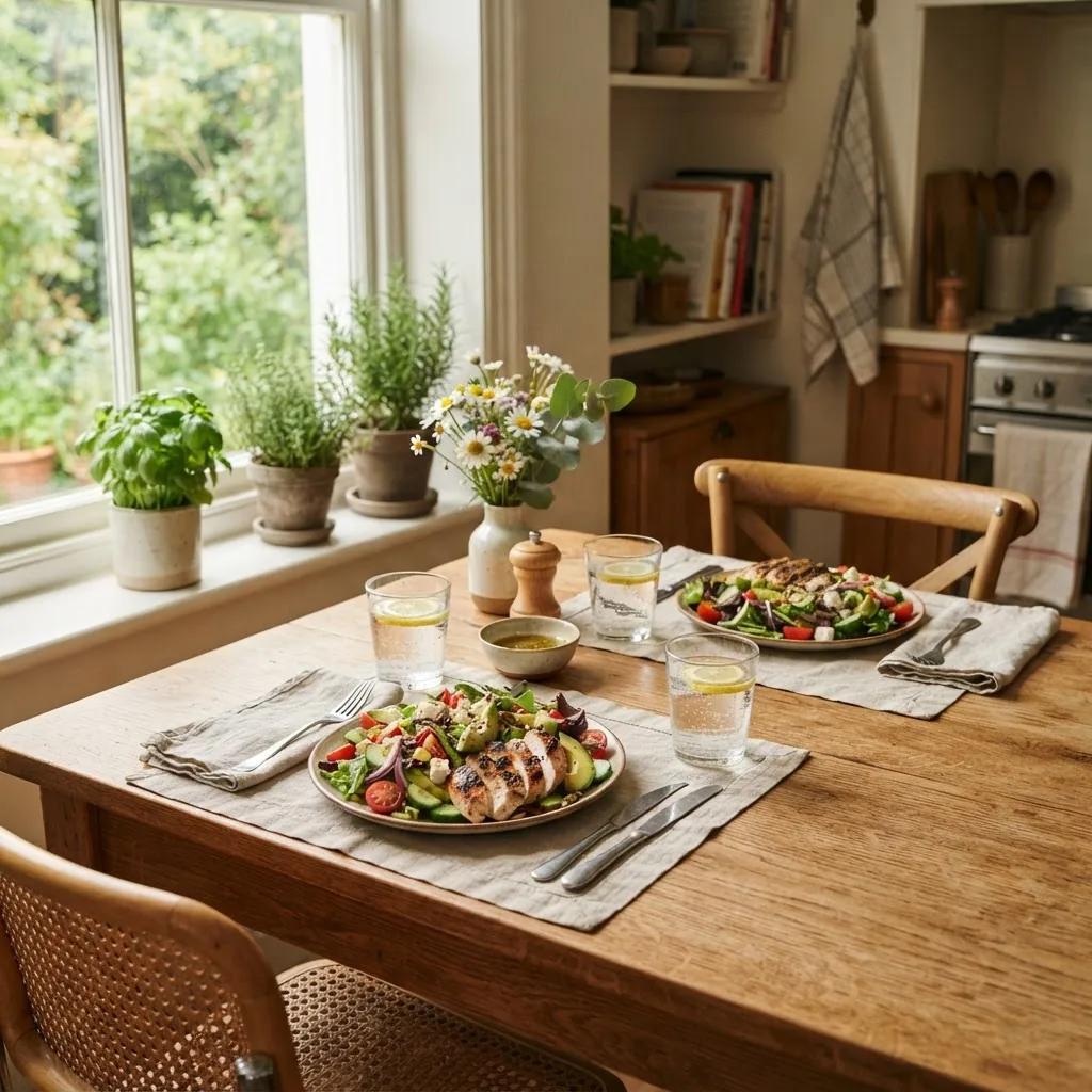 A bright, inviting kitchen table set for two with plates of colorful, fresh light salads and grilled chicken, natural daylight coming from