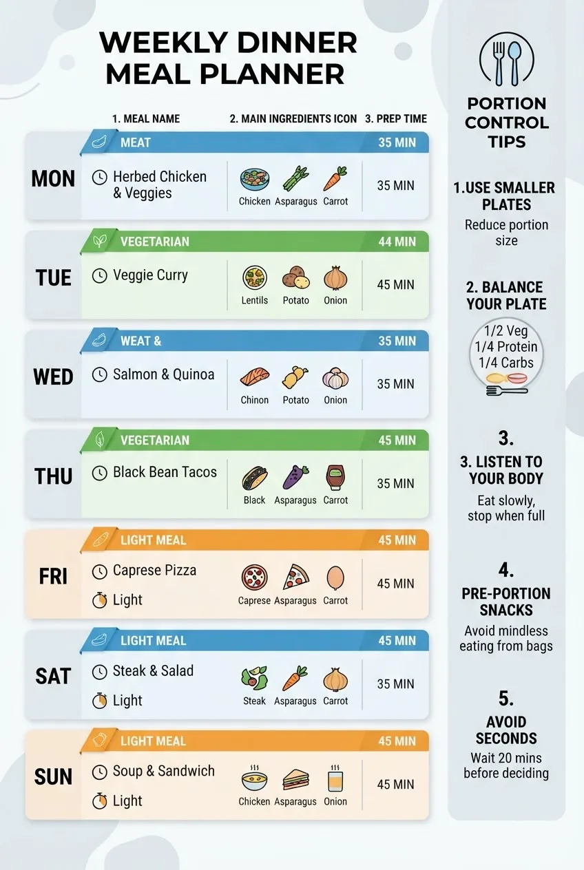A clean, visually appealing infographic that shows a seven-day meal plan grid; each day shows dinner meal name, main ingredients icon, prep