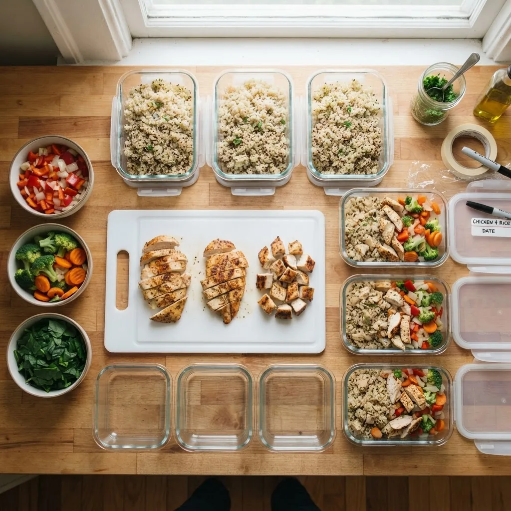close-up of a countertop with pre-chopped vegetables, cooked brown rice in containers, and portioned cooked chicken breasts ready for