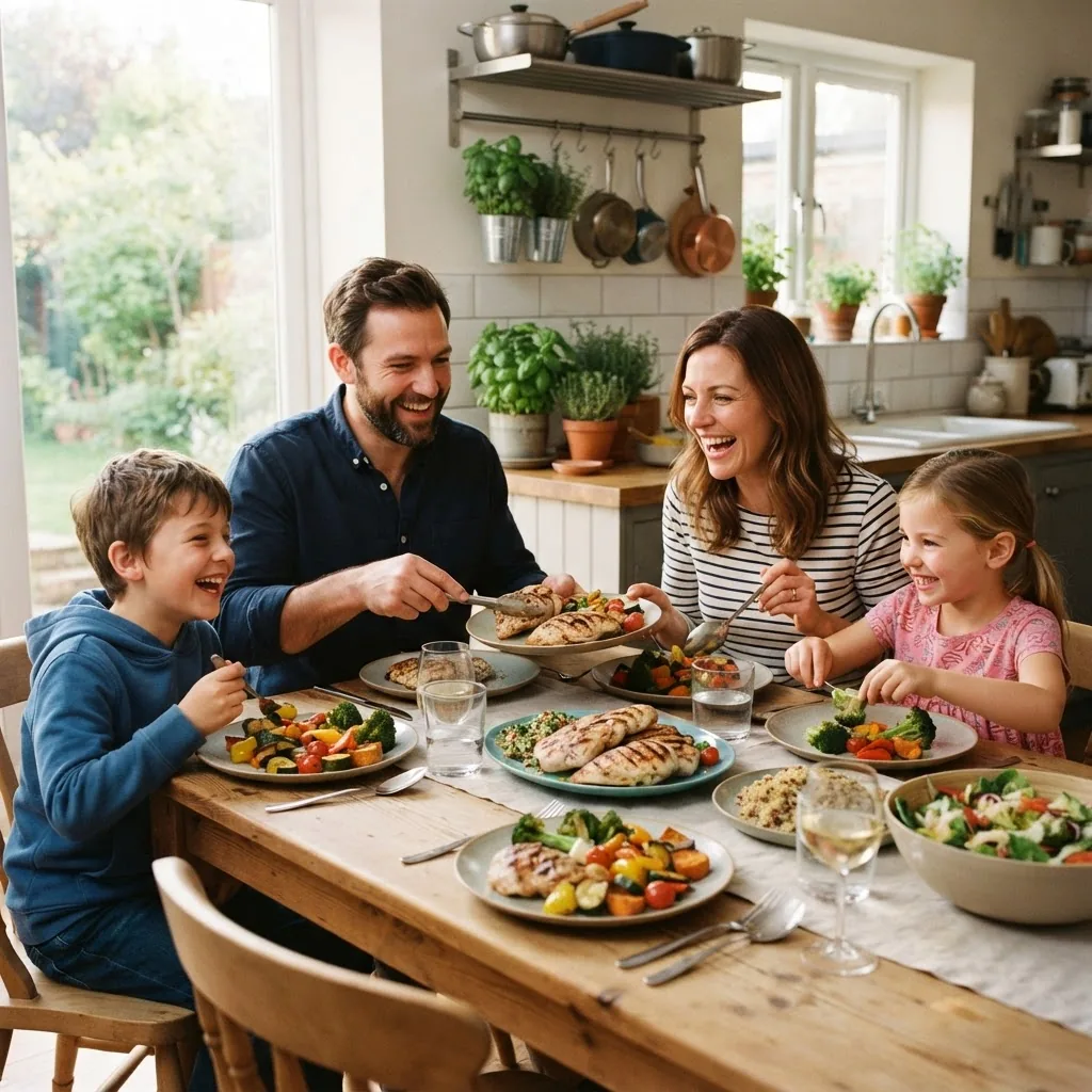 brightly lit kitchen scene showing a happy family (parents and two children) enjoying a colorful, fresh dinner with vegetables, grilled