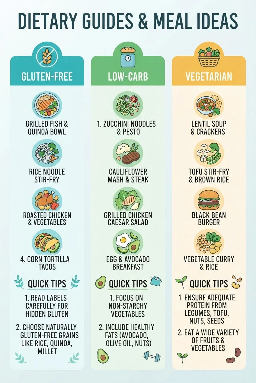 with three vertical columns labeled Gluten-Free, Low-Carb, Vegetarian; each column contains 4 icons with short labels representing sample