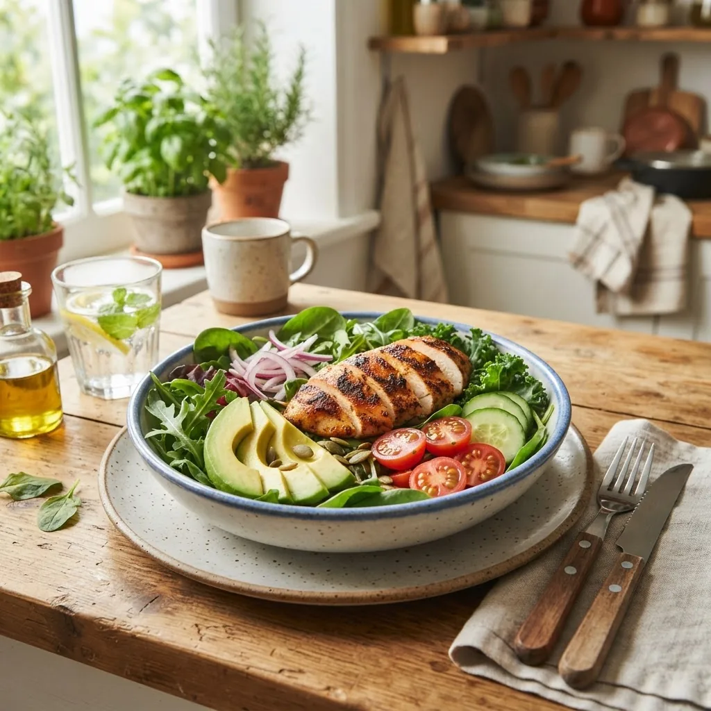 bright kitchen scene with a healthy lunch plate featuring sliced avocado, leafy greens, and grilled chicken, shot at a 45-degree angle with