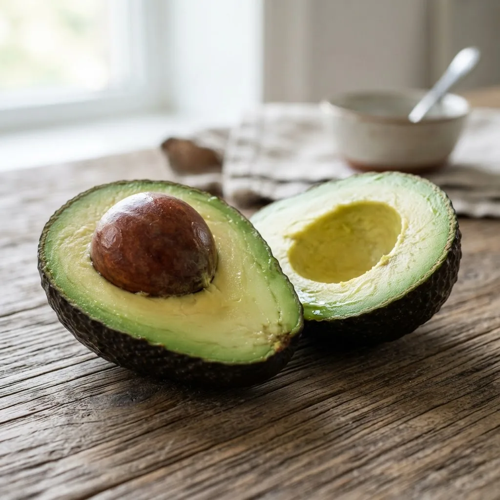 a fresh, halved avocado on a wooden table with visible seed and green flesh, brightly lit to highlight the texture and color, natural