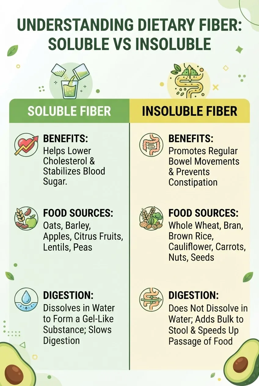 is split into two columns labeled “Soluble Fiber” and “Insoluble Fiber,” each with an icon and 3 short bullets detailing benefits,