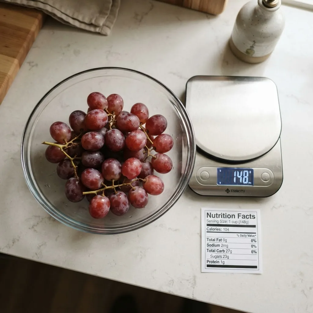 Overhead shot of a clear glass bowl filled with a serving of grapes next to a digital kitchen scale and a nutrition facts label printout,