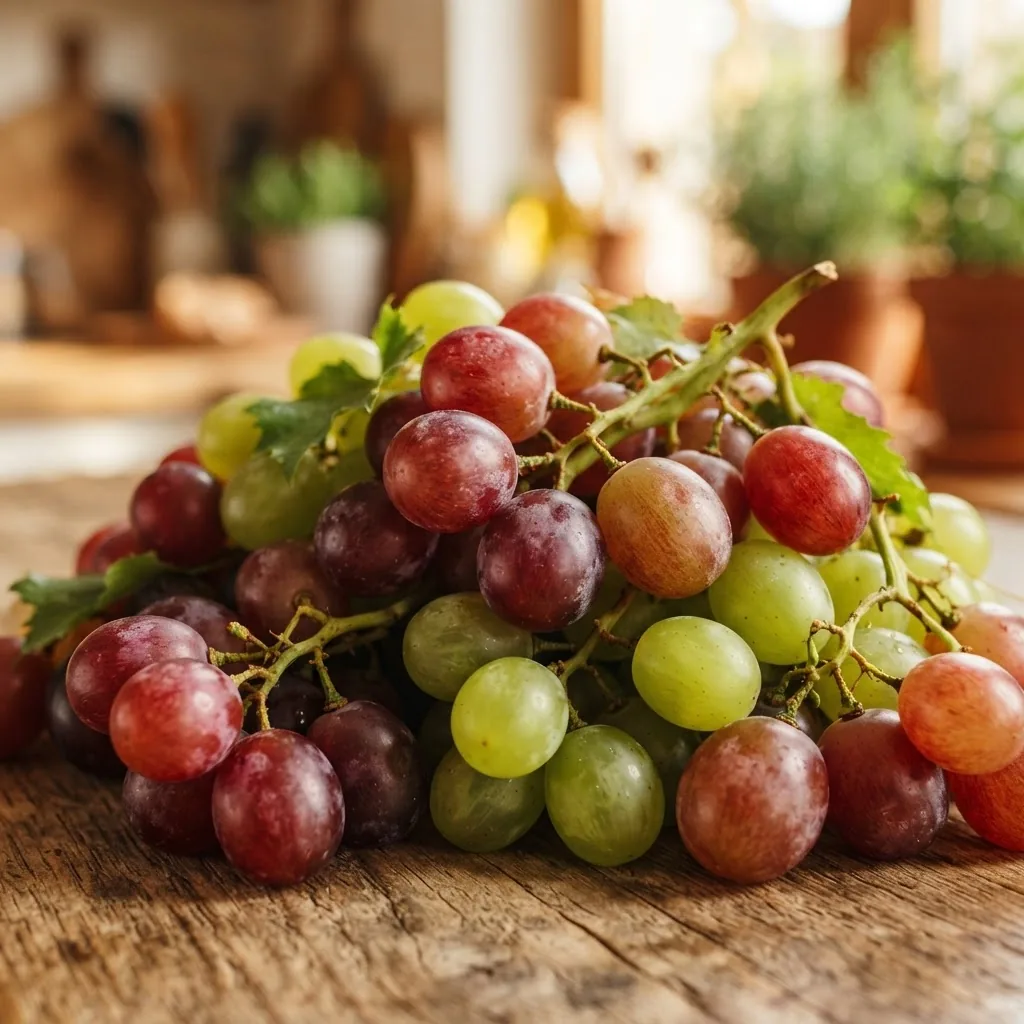 A close-up photo of a fresh bunch of red and green grapes on a wooden table under natural daylight, highlighting the grape skins to