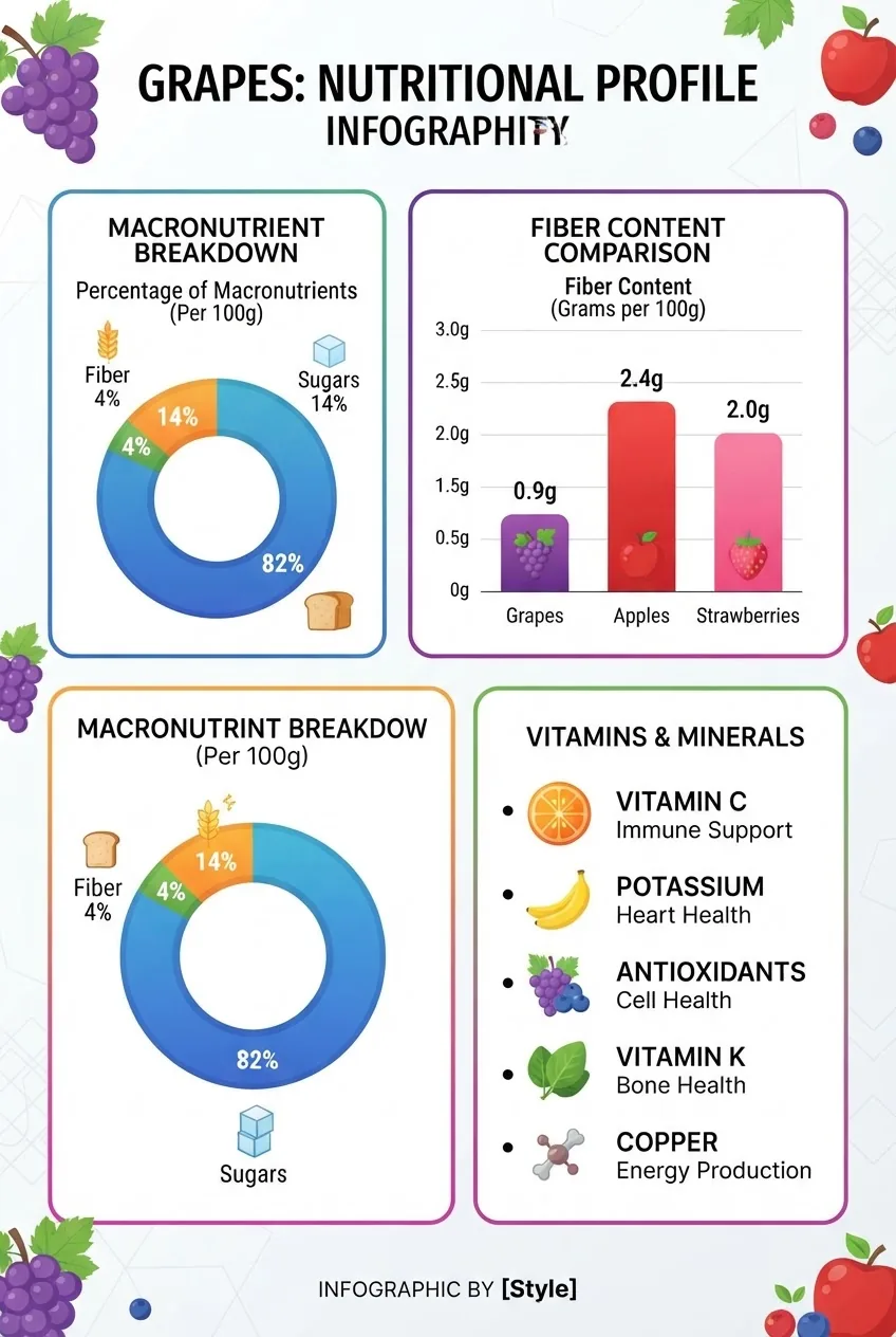 A clean infographic with a pie chart showing percentage macronutrients in grapes (carbs, fiber, sugars), a vertical bar chart comparing