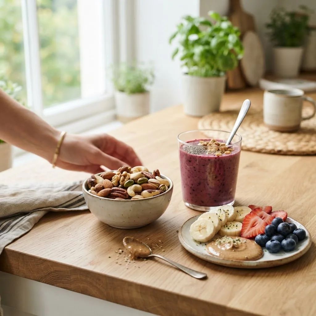 Lifestyle image of a healthy snack setting featuring a bowl of mixed nuts next to a smoothie and a small plate with nut butter and fruit
