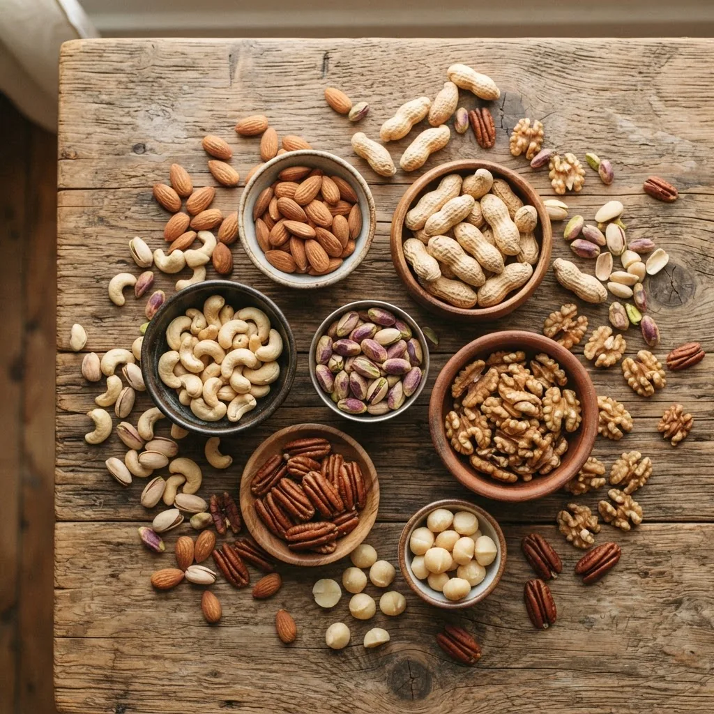 Close-up photo of a rustic wooden table surface with a variety of nuts (almonds, peanuts, cashews, pistachios, walnuts, pecans, macadamia)