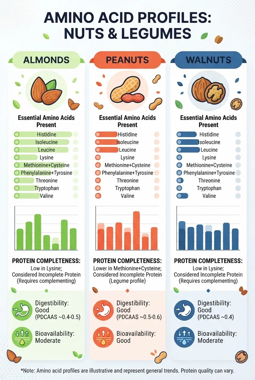 Infographic with three columns showing amino acid profiles for almonds, peanuts, and walnuts; each column includes a simplified amino acid