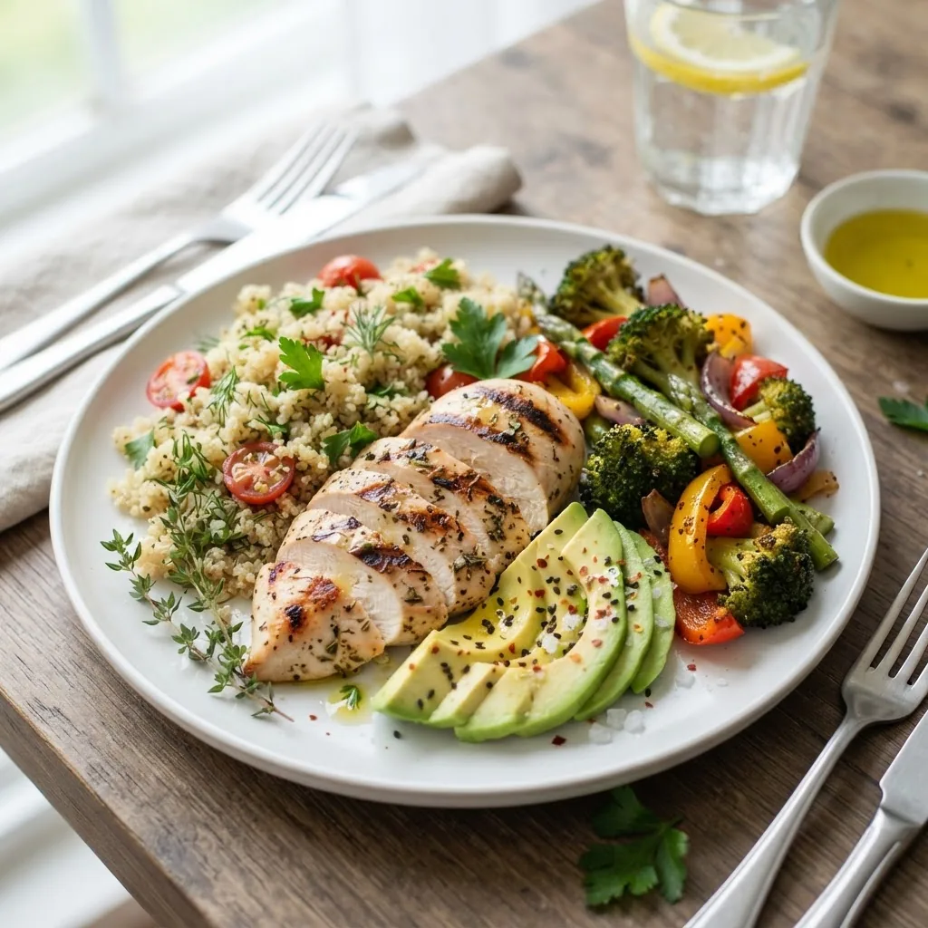 A healthy meal plate featuring avocado slices alongside grilled lean protein (chicken breast), quinoa, and mixed vegetables, arranged