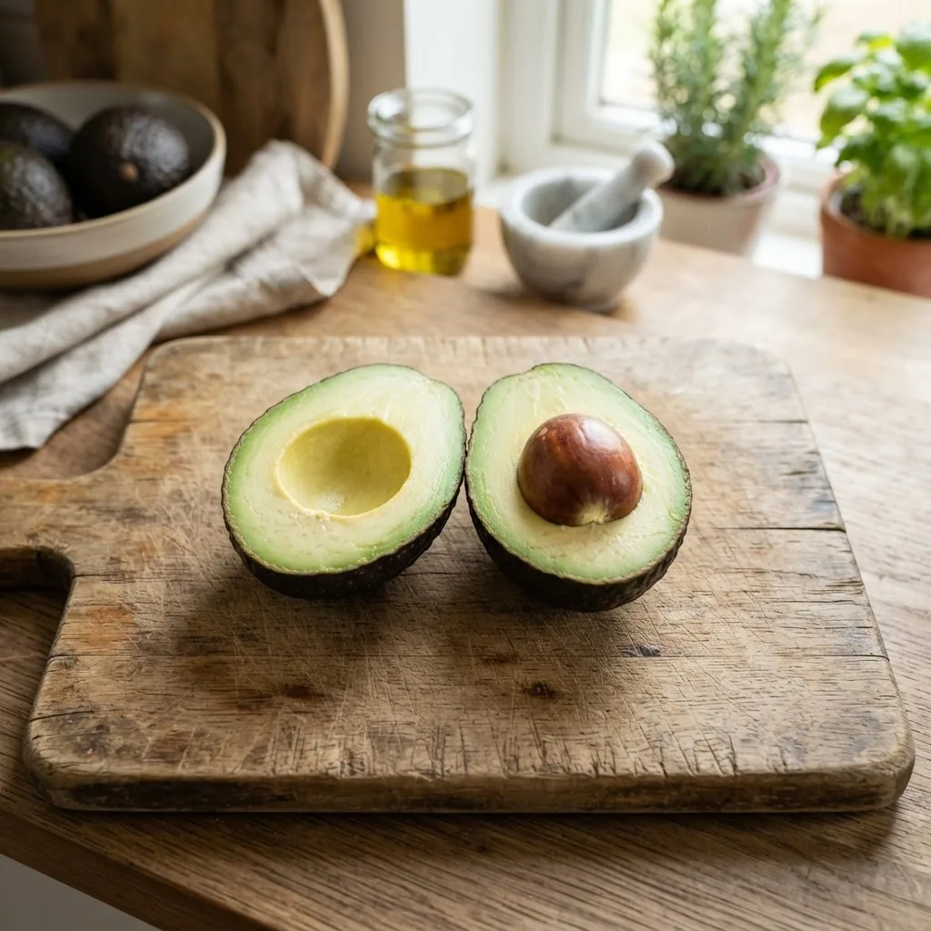 Close-up photo of a halved ripe avocado on a wooden cutting board, bright natural daylight highlighting the creamy green texture and brown