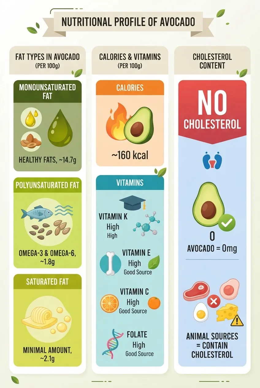 A clean infographic with three columns: one for fat types in avocado (monounsaturated, saturated, polyunsaturated with icons), second for