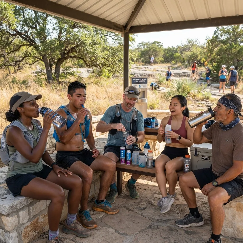 a diverse group of people outdoors in Texas drinking water and sports drinks, shaded area, with hydration gear and electrolyte tablets