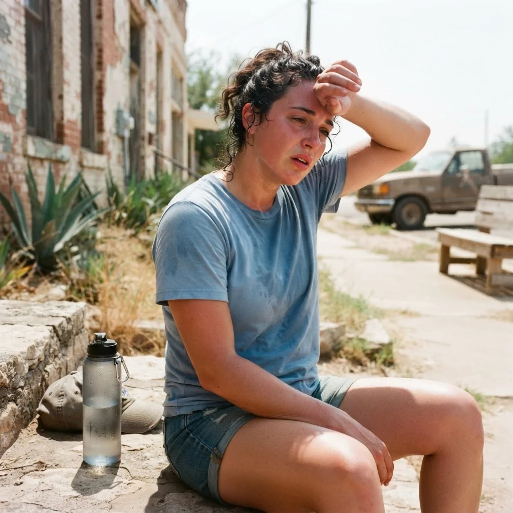 a person outdoors in a Texas summer heat setting, wiping sweat from their forehead with a water bottle nearby, showing signs of mild