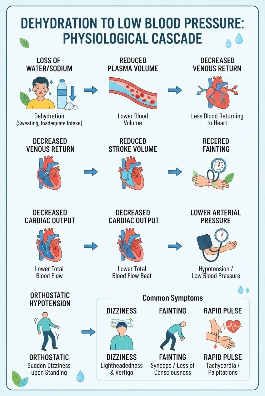 diagrams the physiological cascade from dehydration to low blood pressure: show loss of water/sodium -> reduced plasma volume -> decreased