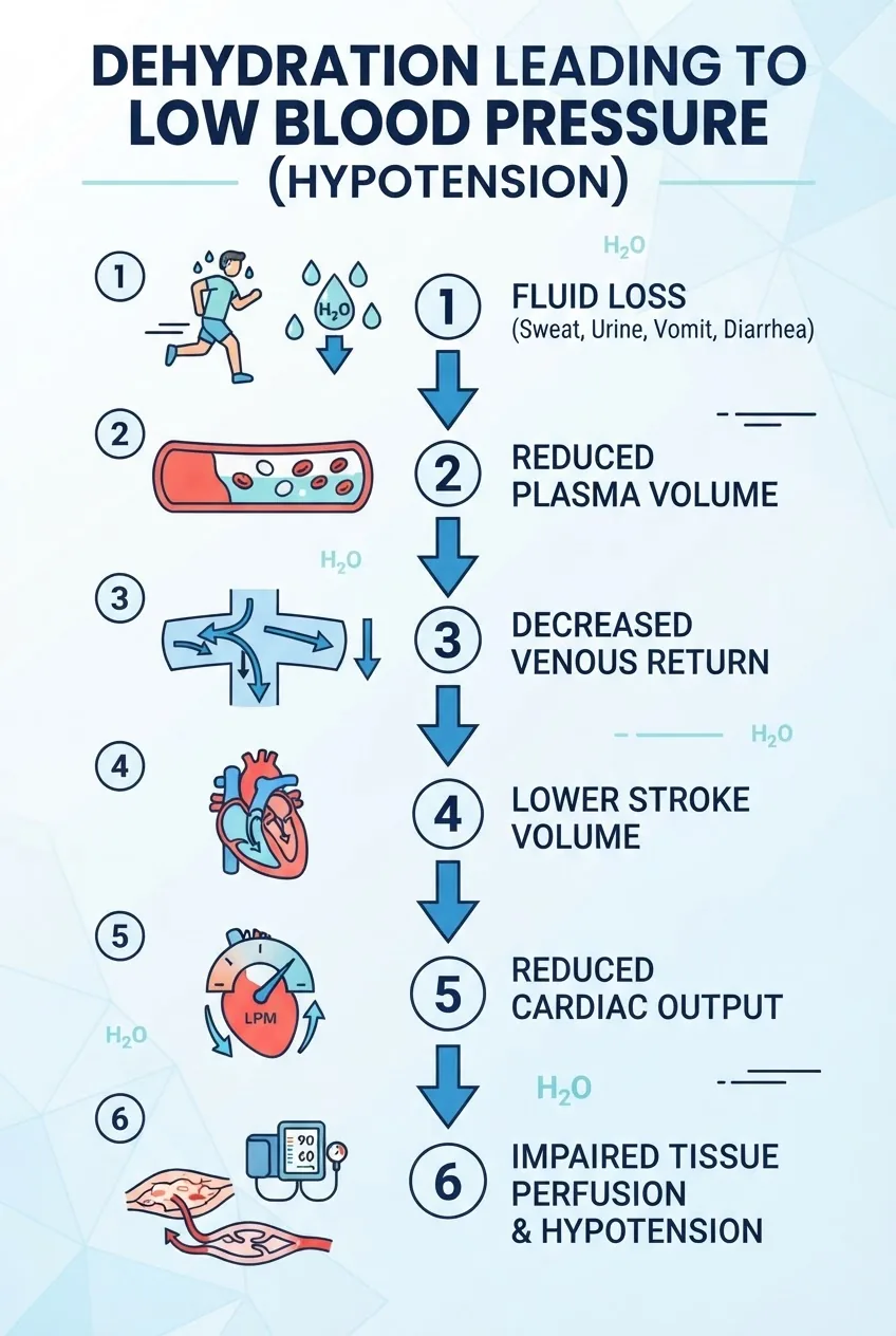 visually illustrates how dehydration leads to low blood pressure in step-by-step format: 1) fluid loss (sweat/urine/vomit/diarrhea), 2)