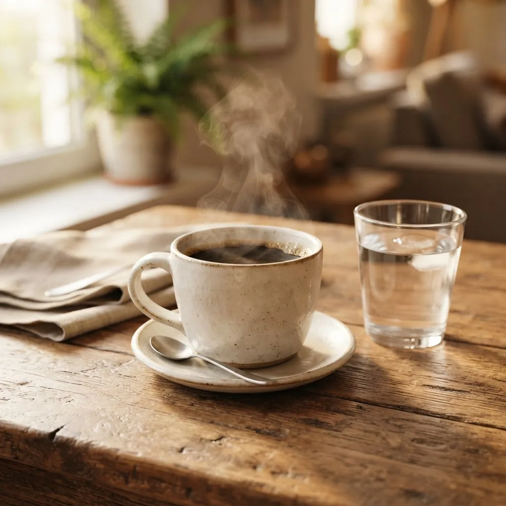 Close-up image of a steaming cup of black coffee on a wooden table next to a glass of clear water, morning natural light, bright and warm