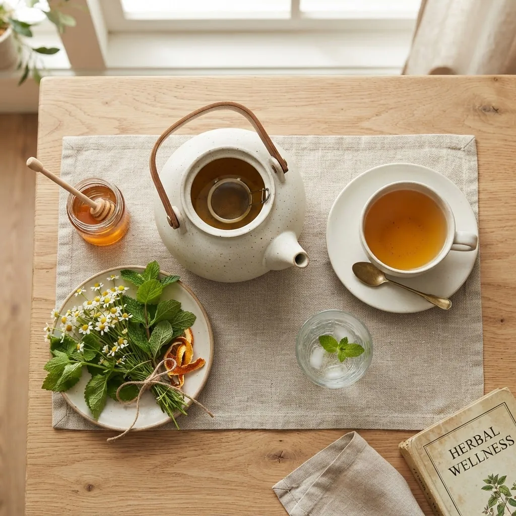 Overhead view of a tea setting with a teapot, a cup of herbal tea, fresh herbs and water glass on a light-colored surface, soft natural