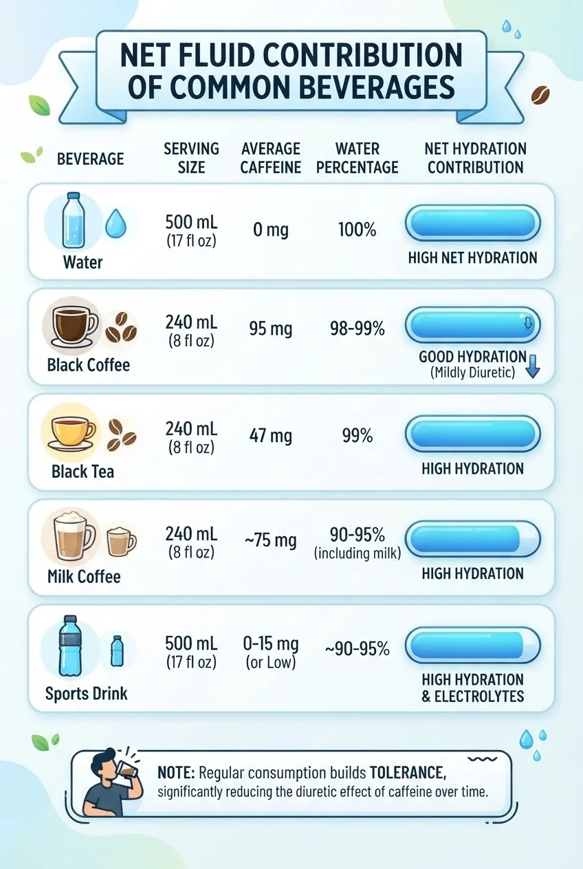 illustrates net fluid contribution from common beverages (water, black coffee, black tea, milk coffee, sports drink), showing serving size,