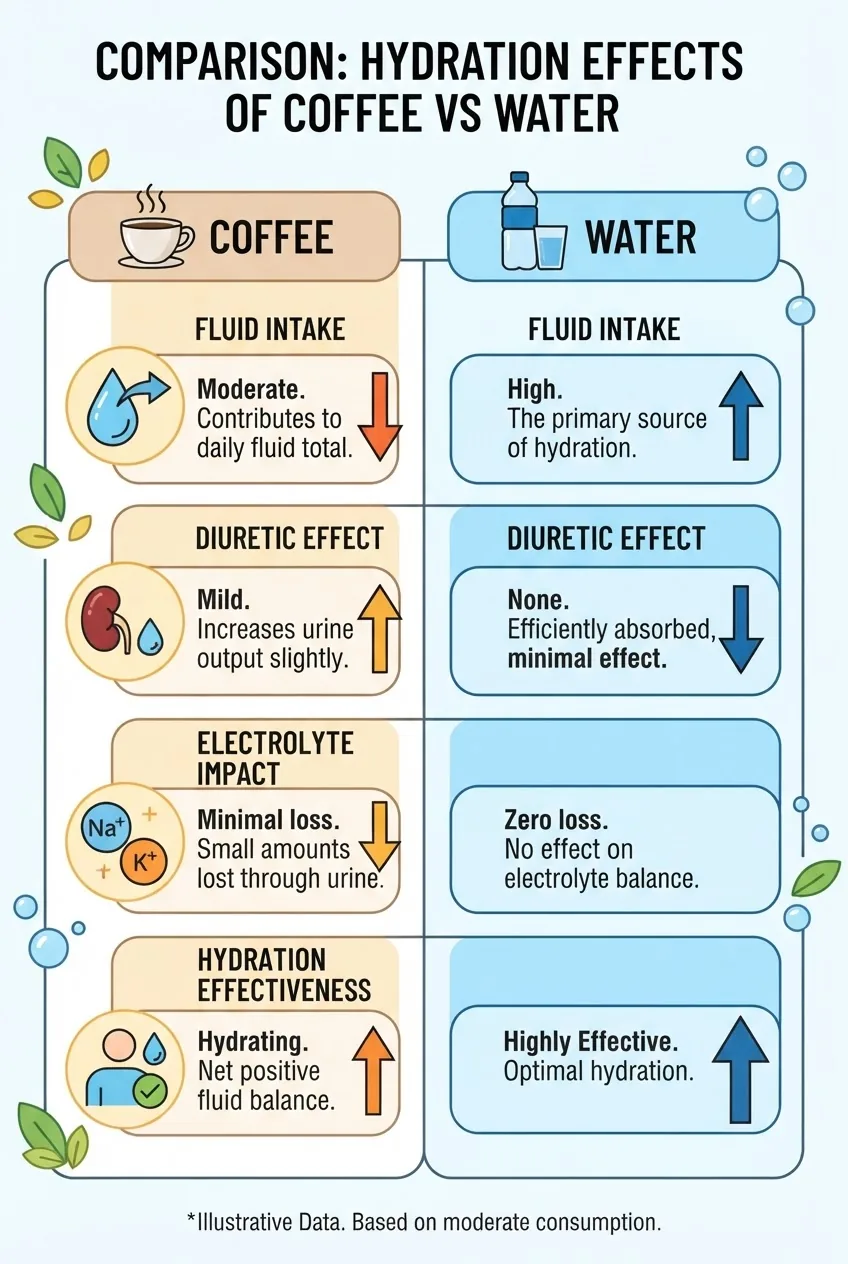 A clear infographic with two columns comparing coffee and water hydration effects: icons for ‘fluid intake,’ ‘diuretic effect,’