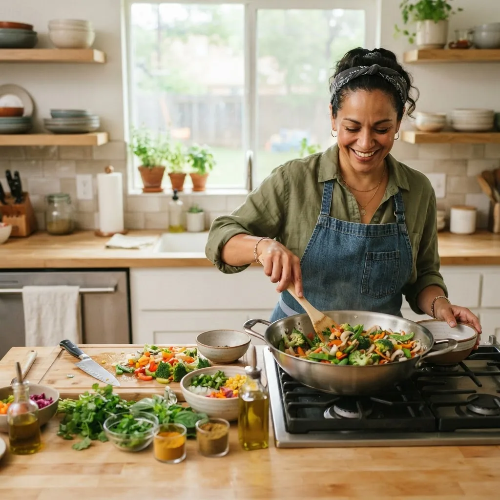Lifestyle image showing a diverse Texas adult preparing a fresh, colorful meal with lots of vegetables and no processed sugars, bright