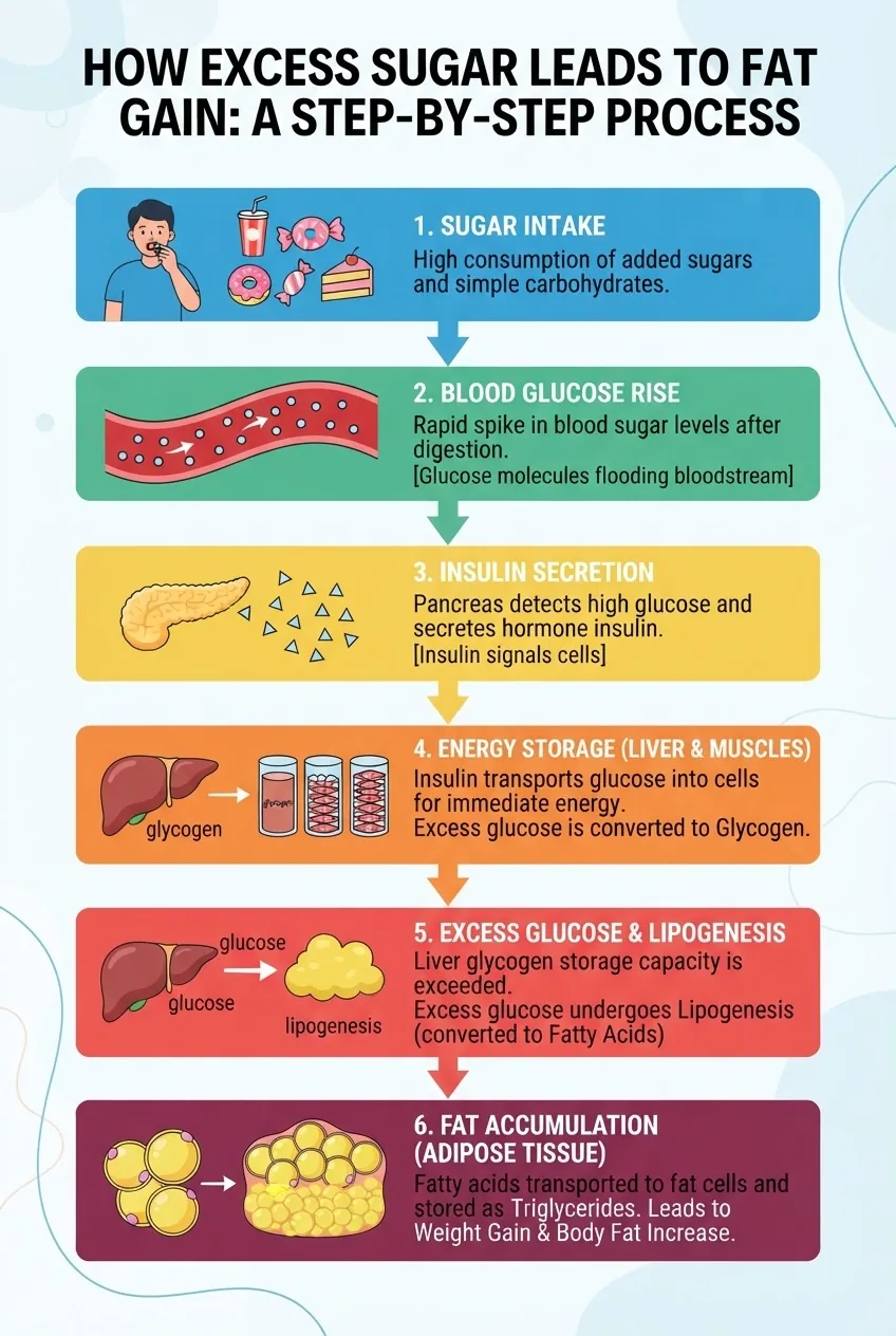 Infographic illustrating the process of how sugar leads to fat gain: includes flowchart with sections for sugar intake, blood glucose rise,