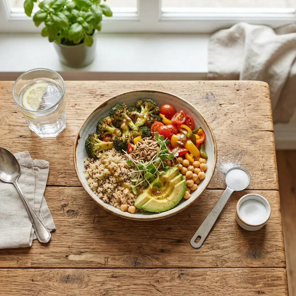 top-down view of a healthy meal on a wooden table featuring colorful vegetables, whole grains, a glass of water, and a measuring spoon with