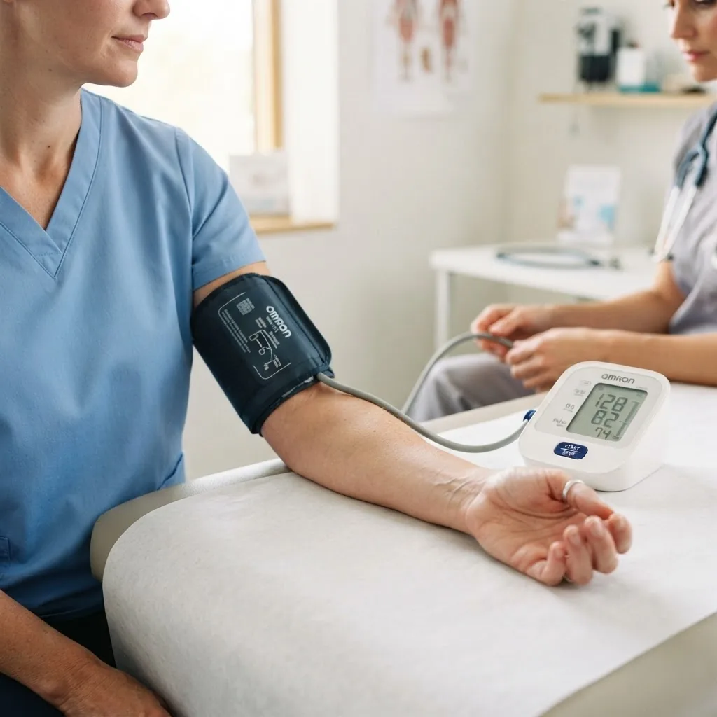 a person having their blood pressure taken with a modern digital sphygmomanometer in a bright, clean clinic setting; focus on the cuff and