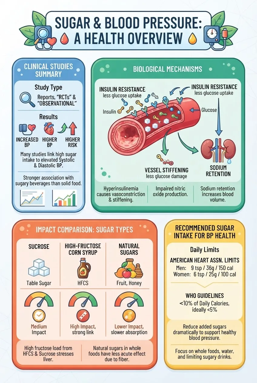 shows four sections: 1) Summary of clinical studies on sugar and blood pressure with icons for study type and results; 2) biological