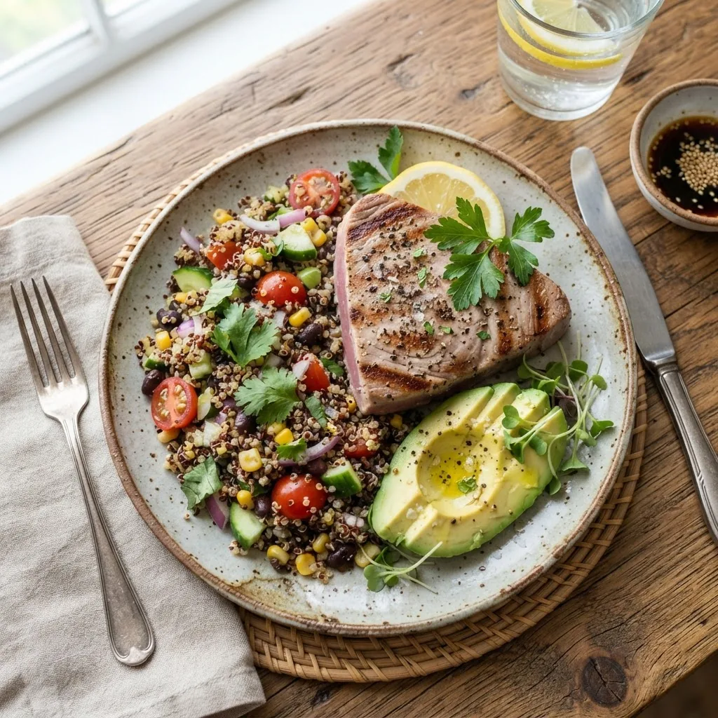 Overhead image of a healthy meal plate featuring grilled tuna steak, quinoa salad with colorful vegetables, and avocado slices, on a rustic