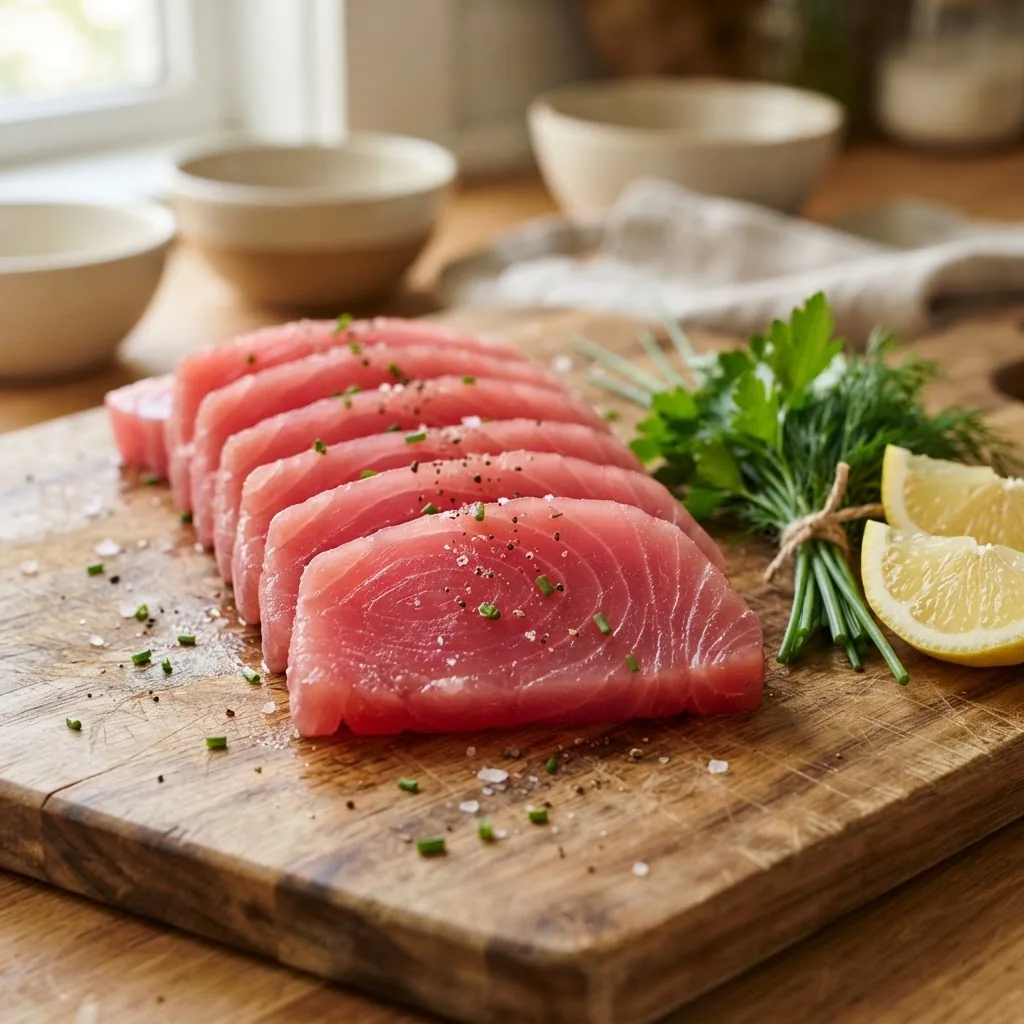 Close-up shot of a fresh, neatly sliced albacore tuna steak on a natural wooden cutting board under bright natural kitchen light, with
