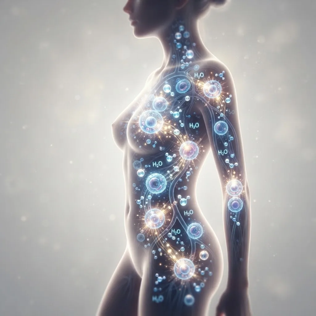 A close-up side view of a human silhouette showing glowing cells and water molecules inside the body, highlighting cell hydration and