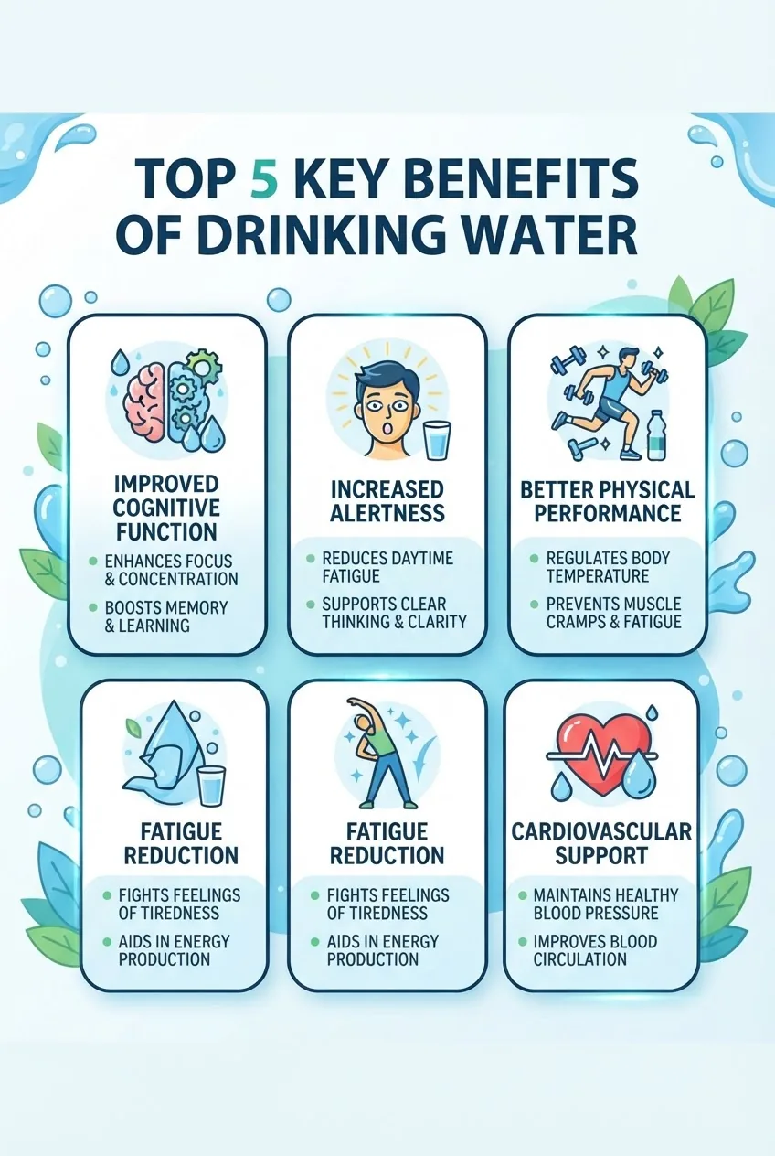An infographic with five vertical panels, each illustrating one key benefit of drinking water (improved cognitive function, increased
