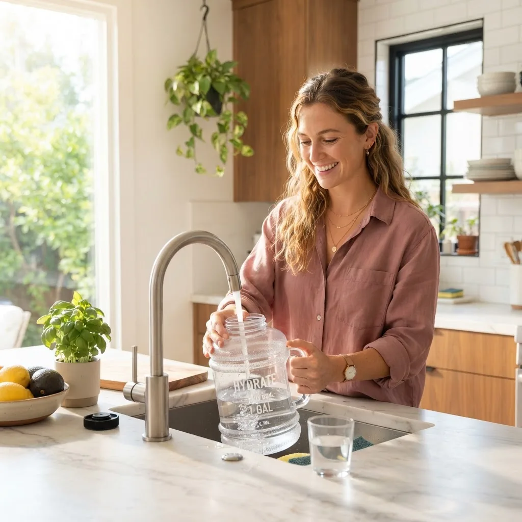 A clear, bright image of a person filling a large, reusable one-gallon water jug in a modern kitchen with natural sunlight; focus on