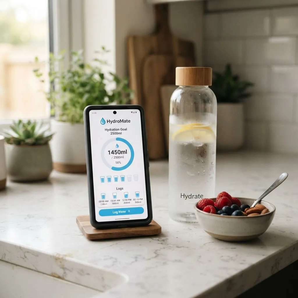 Close-up of a hydration tracking app on a smartphone next to a water bottle and a healthy snack on a kitchen counter, soft natural light,