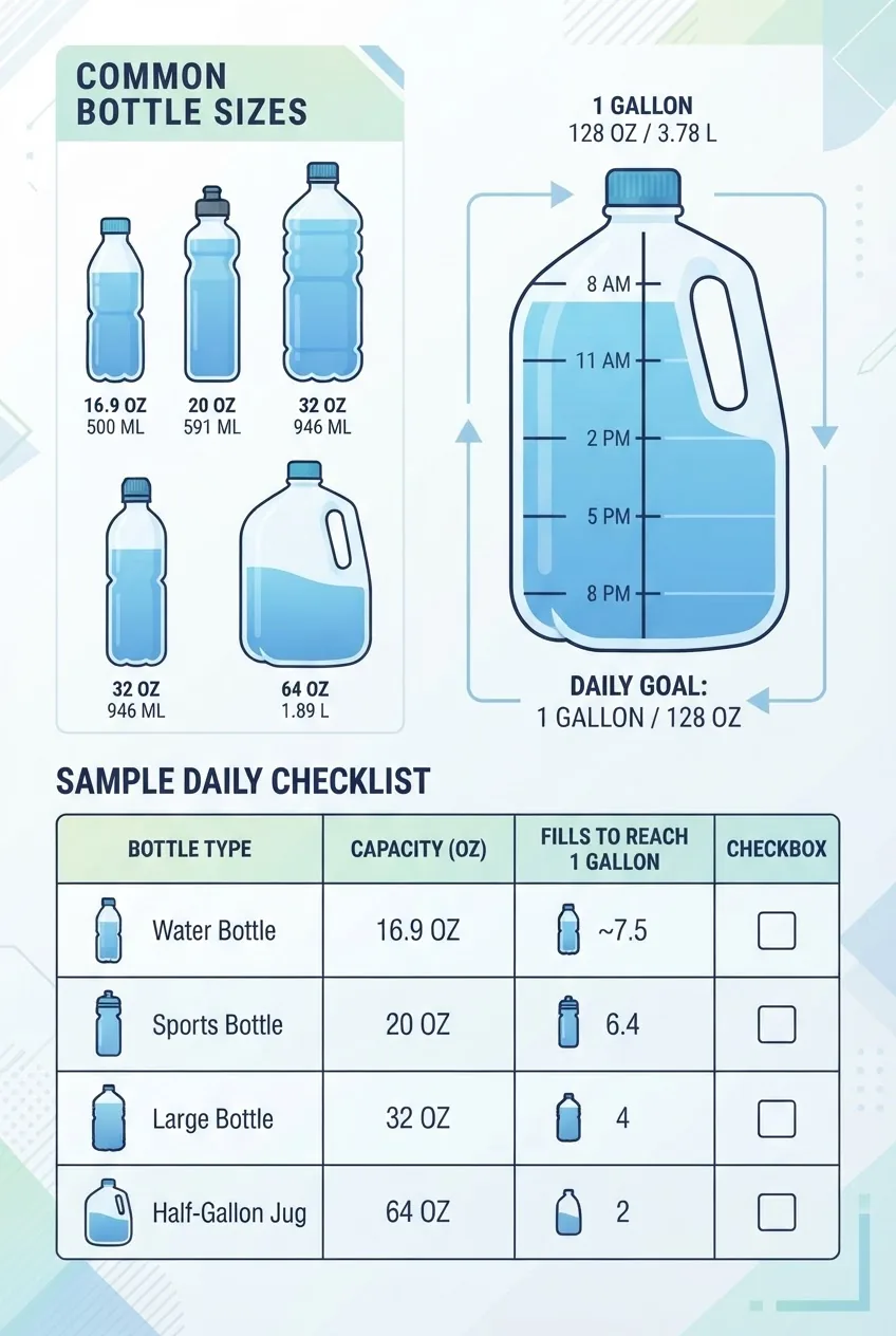 shows common bottle sizes (16.9 oz, 20 oz, 32 oz, 64 oz), a 1-gallon jug with time-split markers at 8am, 11am, 2pm, 5pm, 8pm, and a sample