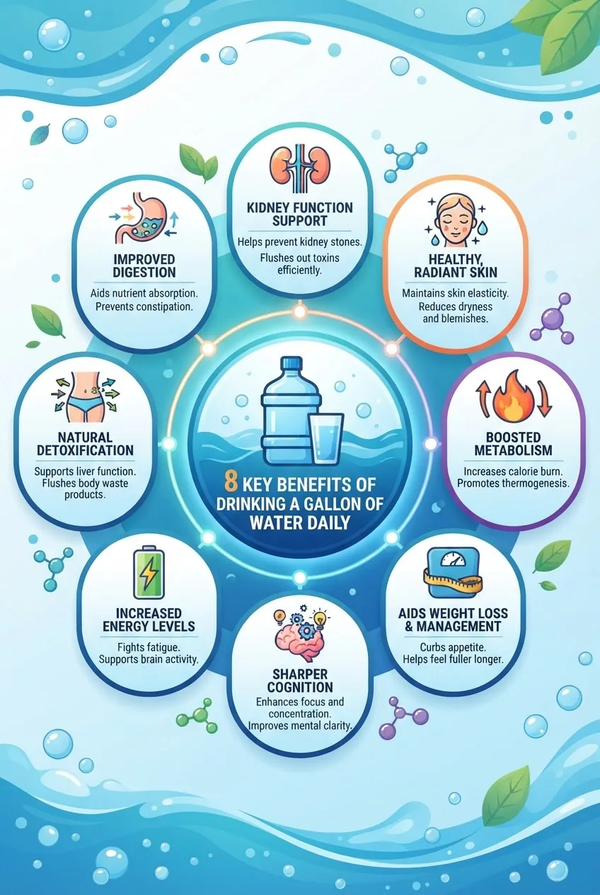 A visually engaging infographic showing eight key benefits of drinking a gallon of water daily, arranged in a circular layout with icons